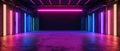 Dark modern garage interior, inside futuristic studio or hall, concrete building room. Concept of led neon light, industry, Royalty Free Stock Photo