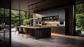 Dark and modern kitchen with black furniture, Huge space, floor-to-ceiling windows overlooking the forest Royalty Free Stock Photo