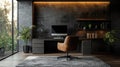 Dark Modern Office Workspace: Sleek and Professional Design with Contemporary Elements for Productivity and Innovation Royalty Free Stock Photo