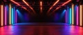 Dark modern stage with neon light, inside futuristic studio or hall, modern underground room interior. Concept of scene, garage, Royalty Free Stock Photo