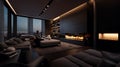 dark modern stylish male apartment interior with lighting, fireplace and huge window. ai generative