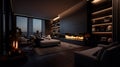 dark modern stylish male apartment interior with lighting, fireplace and huge window. ai generative