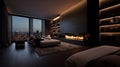 dark modern stylish male apartment interior with lighting, fireplace and huge window. ai generative