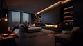 dark modern stylish male apartment interior with lighting, fireplace and huge window. ai generative