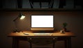 Dark modern workspace with mock up desktop computer on wooden table with lamp and stylish decoration. Generative AI Royalty Free Stock Photo