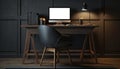 Dark modern workspace with mock up desktop computer on wooden table with lamp and stylish decoration. Generative AI Royalty Free Stock Photo