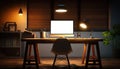 Dark modern workspace with mock up desktop computer on wooden table with lamp and stylish decoration. Generative AI Royalty Free Stock Photo