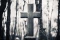 A stone grave cross standing among the trees in the gloom