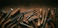 Dark moody arrangement of vintage hand tools Royalty Free Stock Photo