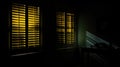 Dark, moody atmosphere set by yellow light softly piercing through the blinds. The shutters create a lovely contrast between light
