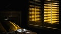 Dark, moody atmosphere set by yellow light softly piercing through the blinds. The shutters create a lovely contrast between light