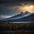 A dark and moody autumn landscape scene, as dramatic clouds and lightning fill the sky over the misty Teton mountain