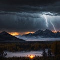 A dark and moody autumn landscape scene, as dramatic clouds and lightning fill the sky over the misty Teton mountain