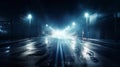A dark and moody city street illuminated by street lights at night. Generative ai
