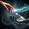 A photorealistic conceptual 3D render displays a human hand gently reaching for a stylized metallic geometric hand, representing A Royalty Free Stock Photo