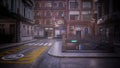 Dark moody evening street scene with underground subway entrance. Noir style 3D illustration