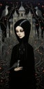 Gothic Lady With Birds And Castle: Dark And Moody Tempra Illustration