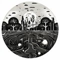 Dark And Moody Illustration Of Rural Life In A Circular Landscape