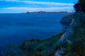 Dark and moody landscape of alcudia park at night in palma de mallorca from mirador penya del migdia with sea. quiet landscape of Royalty Free Stock Photo