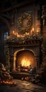 dark and moody living room with decorated fireplace Royalty Free Stock Photo