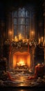 dark and moody living room with decorated fireplace Royalty Free Stock Photo