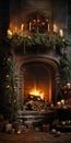 dark and moody living room with decorated fireplace Royalty Free Stock Photo