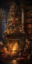 dark and moody living room with decorated fireplace Royalty Free Stock Photo