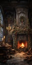 dark and moody living room with decorated fireplace Royalty Free Stock Photo