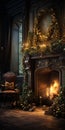 dark and moody living room with decorated fireplace Royalty Free Stock Photo