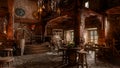 Dark moody medieval fantasy tavern inn bar with candles burning and daylight coming through windows. 3D rendering Royalty Free Stock Photo