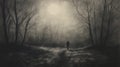 Dark And Moody Pencil Drawing Of A Figure Wandering In The Mist