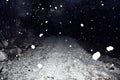 A dark, moody and scary path at night filled with snow as it is snowing