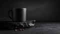Dark moody still life of a black coffee mug on a textured surface with coffee beans Royalty Free Stock Photo