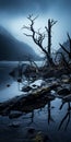 Dark And Moody Still Life: Moonlit Dead Tree In Norwegian Lake