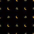 Dark moon pattern. Cute crescent and green leaves black seamless background. Halloween print. night garden vector