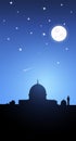 Dark mosque silhouette on blue night. Mosque vector silhouette in ramadan kareem with sky and moon. Starry sky. Vector Royalty Free Stock Photo