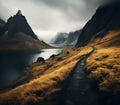 dark mountain range, with grassy path leading to the lake