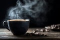 Dark Mug of Steaming Coffee with Roasted Beans on Wood Royalty Free Stock Photo
