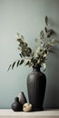 Dark And Muted Vase With Green Leaves - Contrast-focused Photography