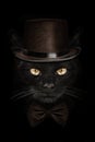 Dark muzzle cat in brown hat and tie butterfly