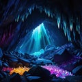 A dark and mysterious cave full of crystals and colorful concept art background