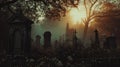 Dark mysterious cemetery. Crosses and graves at night in the moonlight