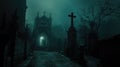 Dark mysterious cemetery. Crosses and graves at night in the moonlight