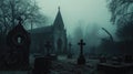 Dark mysterious cemetery. Crosses and graves at night in the moonlight