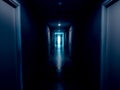 Dark mysterious corridor in building. Door room perspective in lonely quiet building.