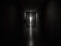 Dark mysterious corridor in building. Door room perspective in lonely quiet building with walkway.