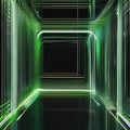 Dark and mysterious 3D render with luminous green lines pulsating against a black backdrop, resembling a digital abstract master