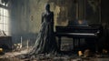 Dark mysterious female figure covered in sheer garment standing next to an old dusty piano in an abandoned house -