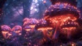 A dark mysterious forest filled with glowing mushrooms and enchanting creatures alluding to the mythical realm of the