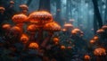 A dark mysterious forest filled with glowing mushrooms and enchanting creatures alluding to the mythical realm of the